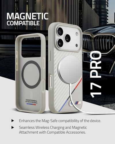 Image of CG MOBILE BMW [Official Licensed] Protective Case Designed for iPhone 17 Pro |Magnetic Compatible|M Collection|Pu Leather Case Carbon & Tricolor Stripe with Metal Logos -Silver
