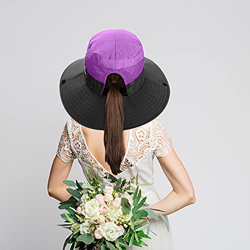 Women's Outdoor Uv-Protection-Foldable Sun-Hats Mesh Wide-Brim Beach Fishing Hat With Ponytail-Hole (Purple) #TOP1