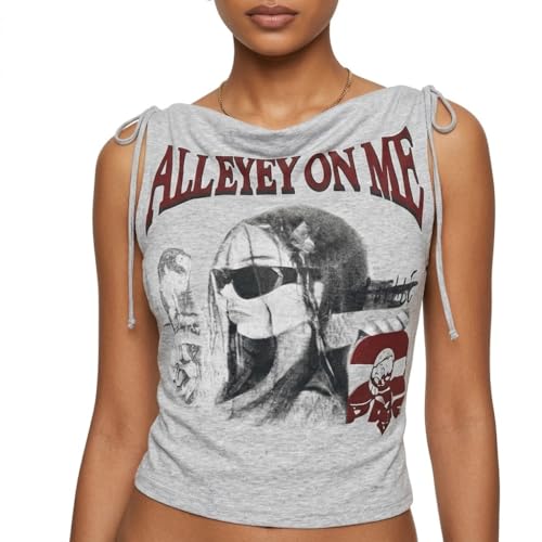 Image of ICW Women's Graphic Print Ruched Side-Tie with Bra Pads Off-Shoulder Vintage Streetwear Sleeveless Cami Crop Top Dn5152