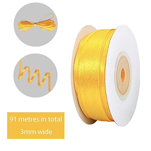 POPOYU Golden Thin Ribbon 3mm,91m Satin Ribbon Solid Color Fabric Ribbon Silk Satin Roll,Golden Wrapping Ribbon and Bows for Easter Gift Wrapping DIY Crafts Hair Bows Easter Cake Wedding Balloons - Image 2