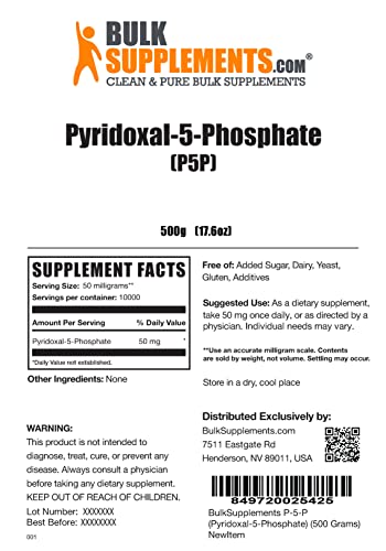 Bulksupplements.com Pyridoxal 5 Phosphate Powder - Vitamin B6 Supplement, P-5-P Powder - 50Mg Of P5P Supplement Per Serving, Gluten Free (500 Grams - 1.1 Lbs) #TOP1