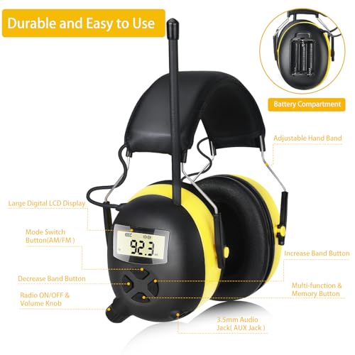 Image of BJKing AM /FM Radio Headphones with Digital Display, 30dB AM FM Hearing Protection Safety Ear Muff, Ear Protection Headphone for Mowing, Landscaping, Shooting and Construction-Black