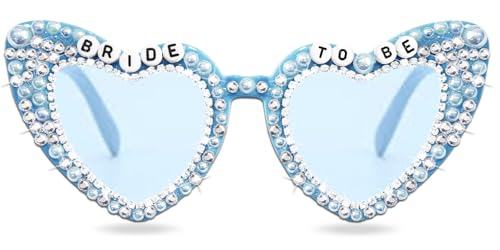 Blue Bride Sunglasses - Bachelorette Party Bride to be Glasses Rhinestone Pearl Heart Sunnies for Women Bridal Shower Engagement Wedding Gifts Decorations