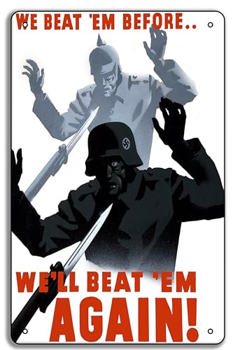 WW2 'We'll Beat 'Em Again' 8x12in Vintage Metal Tin Propaganda Poster – WWII Military Art Print,...