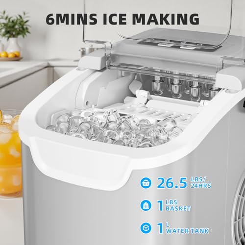 Image of Antarctic Star Countertop Ice Maker, Portable Ice Machine with Carry Handle, 26.5Lbs /24H, 2 Sizes Bullet Ice, 8Cubes in 6 Mins Office /Kitchen /Bar Grey