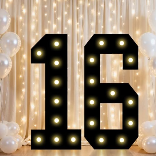 Image of Pooqla 16th Birthday Decorations for Boys, 2.4FT Light Up Numbers | Marquee Numbers Black Party Decorations, Large Lighted Number Gifts for Boys 16th Anniversary Decoration Party Backdrop