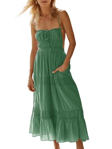 Image of Wenrine Womens Summer Beach Dresses Backless Spaghetti Straps Self Tie Tiered Flowy Casual Maxi Dress with Pockets