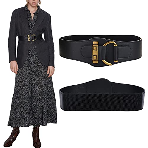 TonJin Ceinture Femme Large Elastique Ceinture Femme Cuir Vintage Noir avec Boucle en Alliage d'or pour Robe,Suicoat Cover