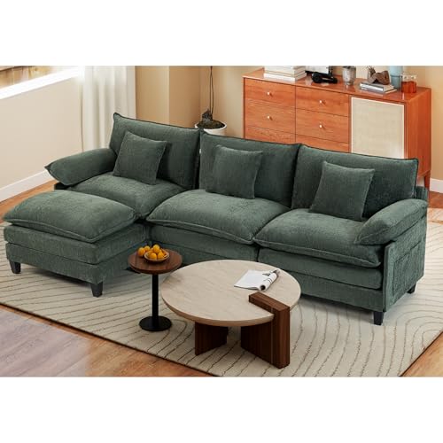 Image of 106 inch Cloud Couch, Comfy Modular Sectional Sofa with Movable Ottoman, L Shaped Modern Sofa with Pillows, Deep Seat Couches for Living Room, Bedroom and Apartment, Green