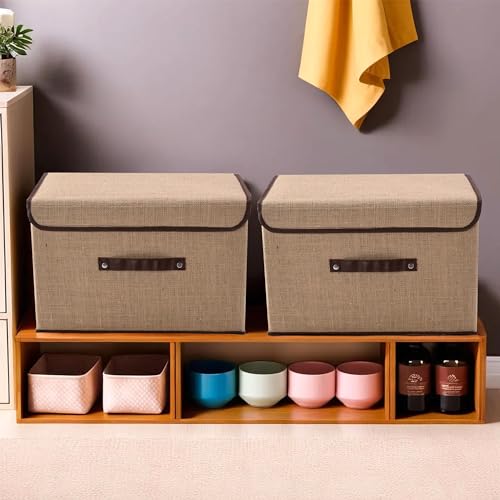 Kuber Industries Pack of 2 Drawer Organizer (Large) Foldable Clothes Storage Box|Clothes Organiser for Wardrobe|Lid & Handle|Jute Fabric|Cupboard Organizer|Brown, 41x26 cm