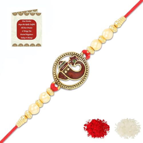 Image of Riddhika Ventures Religious Gold Plated Meenakari Sacred Ganesha Rakhi with Roli Chawal and Greeting Card