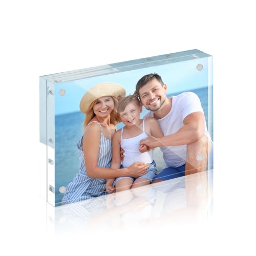 Image of HOUSE DAY Acrylic Picture Frames 4x6, 1 Pack Magnetic 4 x 6 Picture Frame, Double Sided Clear 4x6 Photo Frame with Microfiber Cloth, Frameless FreeStanding 4x6 Frame Gift for Desktop Display