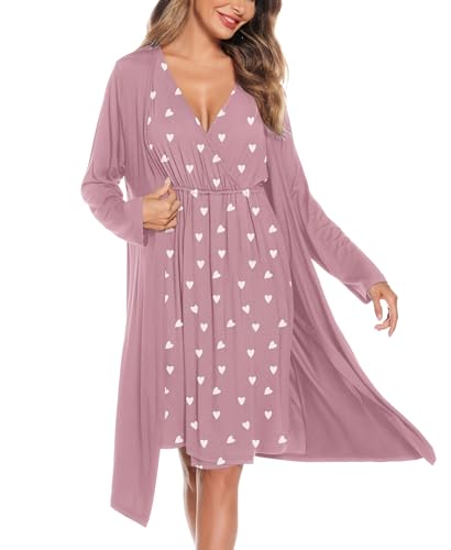 Image of SWOMOG Women Maternity Nursing Gown and Robe Set 3 in 1 Labor Delivery Nursing Nightgown for Breastfeeding Hospital Bathrobe