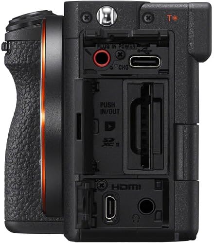 Side view of the Sony Alpha 7C II camera with port covers open, showing USB-C, HDMI, and microphone/headphone jacks.