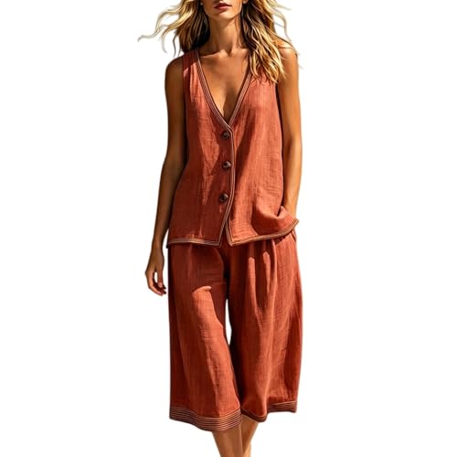 Traje de playa de dos piezas con chaleco sin mangas cuello en V y pantalon elástico holgado