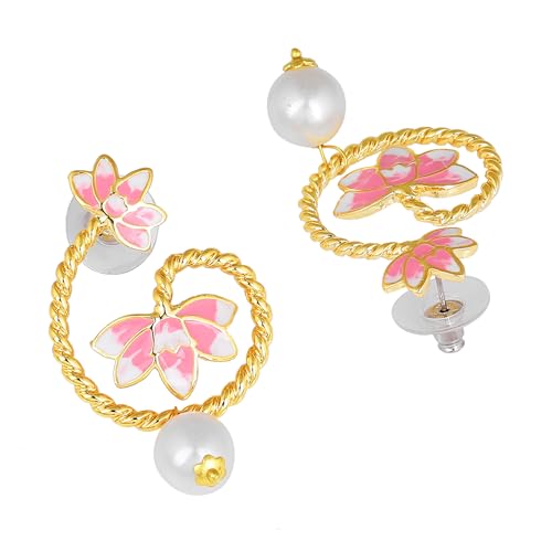 Enamelled Lotus Pearl Drop Earrings