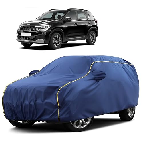 Image of Sulfar 100% Water Resistant Car Body Cover Compatible with Mirror for Kia Sonet (Triple Stitched, Full Bottom Elastic, Blue Taffeta with Yellow Piping)