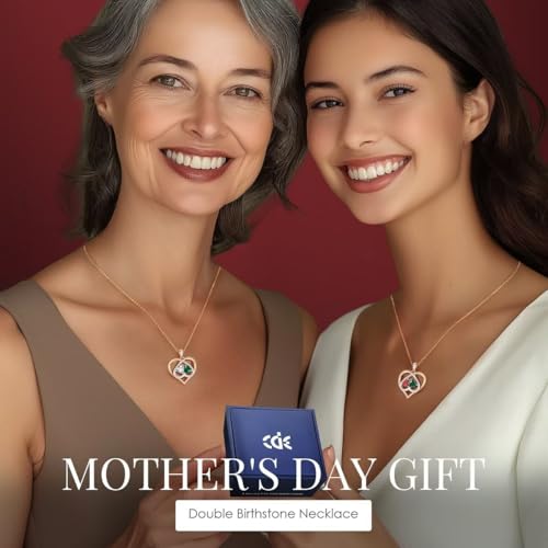 CDE Rose Gold Double Birthstone Necklace for Women, Personalized Pendant Jewelry Mothers Day Birthday Gift for Mom Wife2