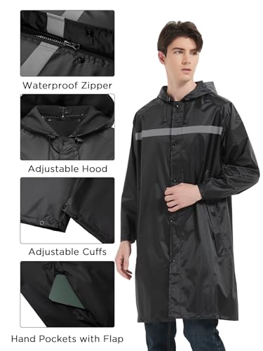 Image of Mens Long Safety Rain Coats with Air Vents Reflective Stripes Waterproof Packable Rain Jacket with Hood Lightweight