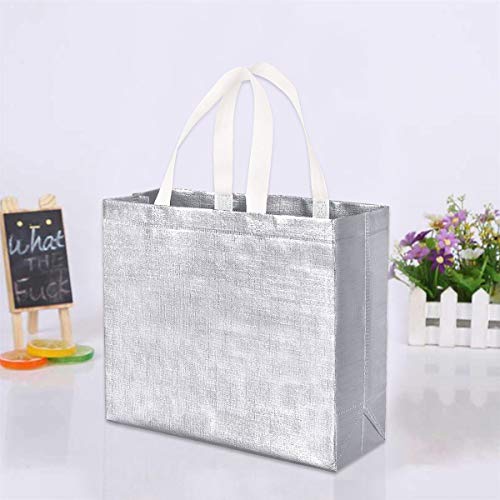12 Pcs Glossy Reusable Grocery Bags Non-Woven Gift Bags Shopping Tote Bags With Handle Bridesmaids Bags Present Bag Goodies Bag Silver Tote Bags For Women Birthday Party Wedding Christmas (Silver) #TOP2