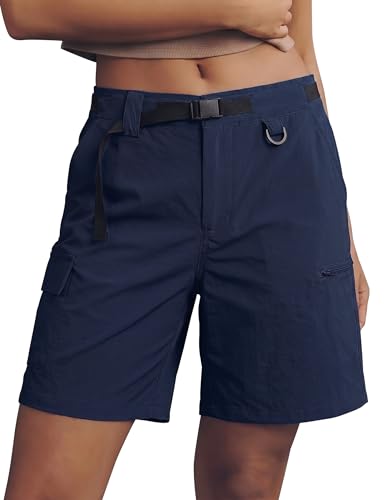 luvamia Womans Shorts Womens Cargo Hiking Shorts with Pockets Women Navy Casual Belted Short Women Navy Blue Size Large Fits US 12-14
