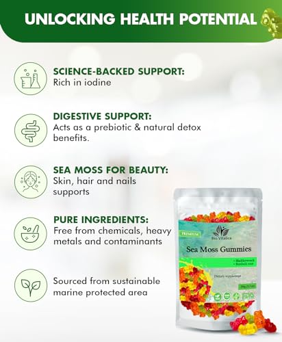 Sea Moss Gummies - Irish sea Moss raw Organic, Bladderwrack, Burdock Root. Contains Sea Moss Gel and Powder. Superfoods for Vegan, Keto and Dr Sebi Diet. Immune Boosting (3, Original)
