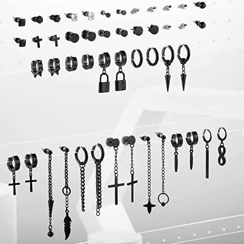 Black Earrings For Men, Funtopia 48 Pieces Stainless Steel Small Huggie Hoop Earrings Mens Cross Earrings Stud Earrings Set, Fashion Piercing Jewelry For Party Birthday #TOP5
