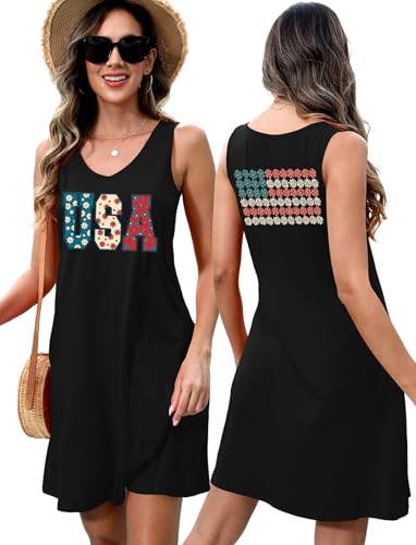 Image of LHBNK 4th of July Dress for Women: American Flag Tank Dresses Star Striped Splicing Loose V Neck Sundresses