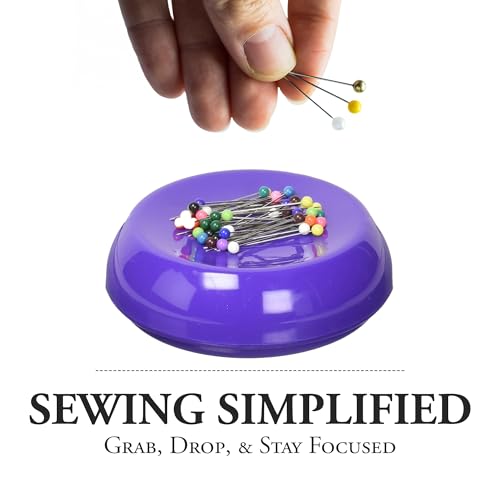 Image of Grabbit Magnetic Sewing Pincushion with 50 Plastic Head Pins - Magnet Pin Organizer for Quilting, Embroidery, Needles, Bobby Pins, & Craft Storage, Purple