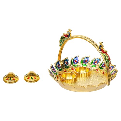 Image of eCraftIndia Peacock Decorative Pooja Thali for Diwali, Navratri, Karwa Chauth, and Puja Celebrations - Diwali Decoration Items for Home Decor