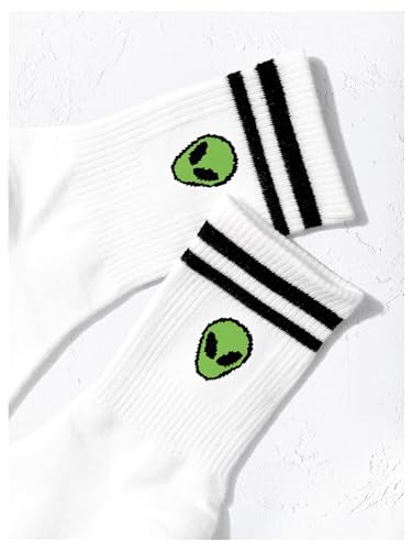 Image of GORGLITTER Women's 1 Pairs Casual Alien Patterned Crew Socks Athletic Ankle Dress Socks White Striped One-Size