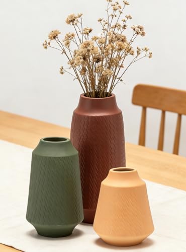 VASETOPIA Vase Keramik 3 Stück Blumenvasen Moderne Multicolor Vasen Deko für Zuhause, Tisch, Bücherregal, Esszimmer (Rot/Grün/Orange)