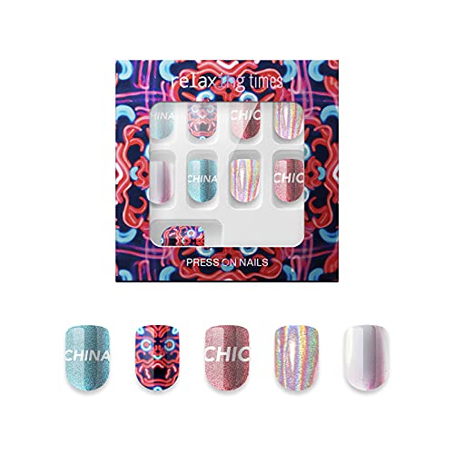 YUHFERA Press on Nails Kit 30Pcs Fake Nails Short Coffin Nail Tips with Designs Solid Color Full Cover False Nails Set Artificial Acrylic Nails for DIY Nail Art Salon Women Girls Gift(Cyber)