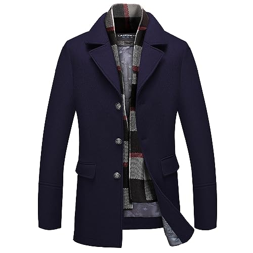 Image of INVACHI Mens Wool Blend Coat Winter Trench Coat with Detachable Soft Scarf Single Breasted Overcoat