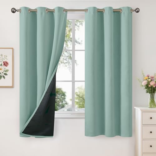 YoungsTex Sage Green 100% Blackout Curtains for Bedroom 63 Inch Length, Double Layer Full Room Darkening Thermal Insulated Black Out Drapes for Living Room Privacy, 2 Panels, 42 X 63 Inch