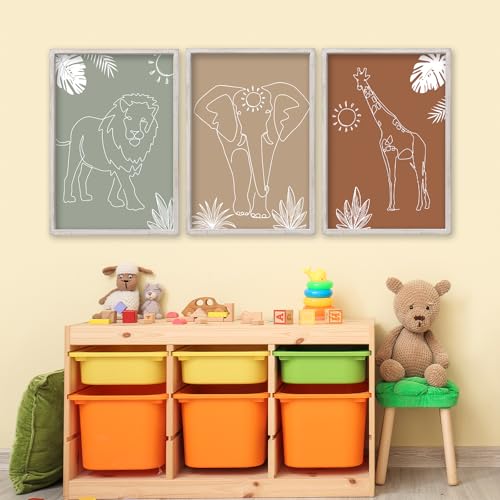 Image of Safari Lion Elephant Giraffe Wall Art Decor 15x10 Inch Set Of 3 Animal Nursery Room Sign for Boy Girl Kids' Baby Bedroom Wood Framed Neutal Home Jungle Artwork Wall Hanging (White)