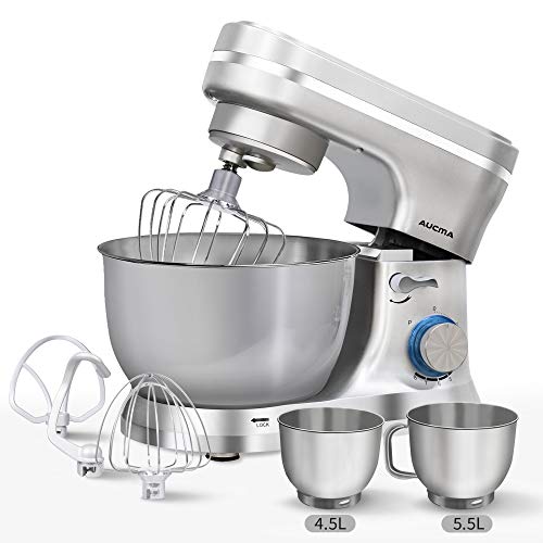 Küchenmaschine, AUCMA 1300W Reduzierte Geräusche Knetmaschine mit 2 Edelstahlschüssel, Rührbesen, Knethaken, Schlagbesen…