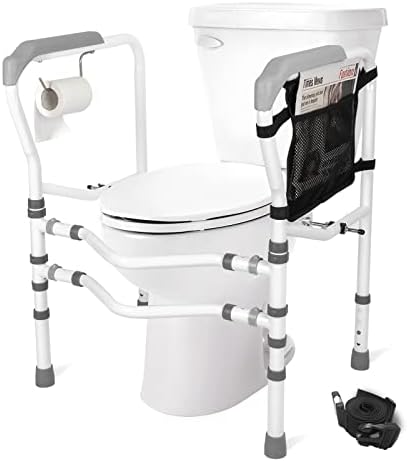Toilet Rails for Elderly Handicap, HEPO Stability Bathroom Safety Frame with Handles & Storage Bag, Adjustable Height & Width, Heavy Duty Disabled Assist Grab Bars, Supports Up to 350 LBS, Grey