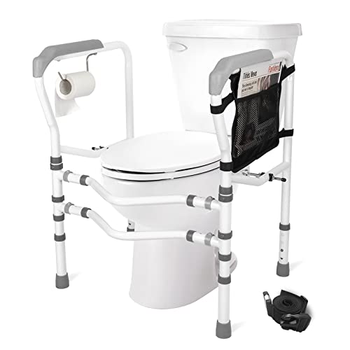 Toilet Rails For Elderly Handicap, Hepo Stability Bathroom Safety Frame With Handles & Storage Bag, Adjustable Height & Width, Heavy Duty Disabled Assist Grab Bars, Supports Up To 350 Lbs, Grey #TOP18