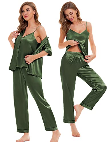Image of SWOMOG Womens Silk Satin Pajamas Sets 4pcs Sleepwear Sexy Cami Shorts Set and Button Down Short Sleeve Pjs Loungewear Olive Green Large