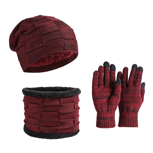 PQWEUU Lot 3 Accessoires d’Hiver Unisexe (Rouge) | Bonnet Tricot Tour de Cou Snood Gants Bonnet Fourré Polaire Coupe-Vent Ensemble Chaud Homme Femme pour Randonnée Vélo Ski