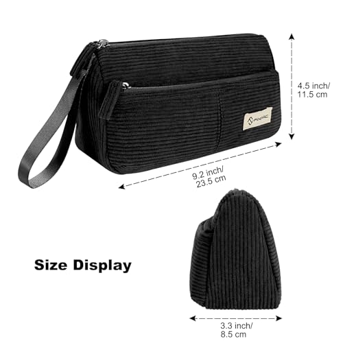 Image of FINPAC Pencil Case, Corduroy Triangle Makeup Bag, Kawaii Pen Bag Pouch Holder Box Organize for Study, Office, or Travel, Black