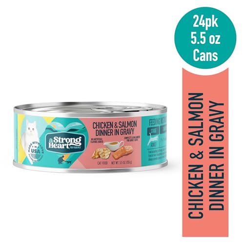 Image of A Strong Heart Canned Wet Cat Food, Chicken & Salmon Dinner in Gravy - 5.5 oz Cans (Pack of 24), Made in The USA with Real Chicken & Salmon