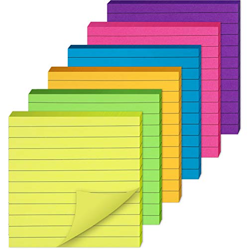 6 Pieces Sticky Notes Lined Self Sticky Notes Lined Colorful Lined Post Memos for Office, School and Home, 50 Sheets (Bright Neon Colors, 4 x 4 Inch)
