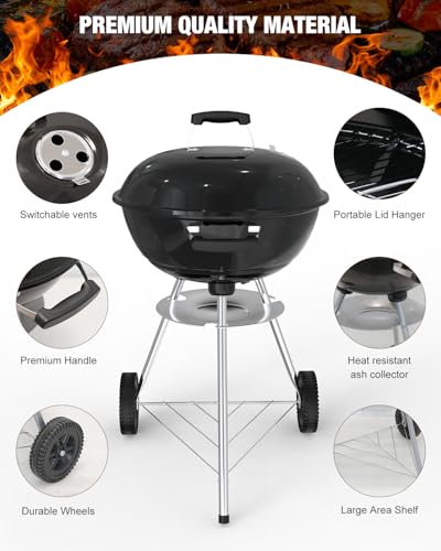 18 inch Charcoal Grill, Outdoor Barbecue Kettle Grill, 227 Square Inches Cooking Space, Highly Cost-Effective Portable Grill, Perfect for Outdoor BBQ Party, Camping and Small Patios, Black