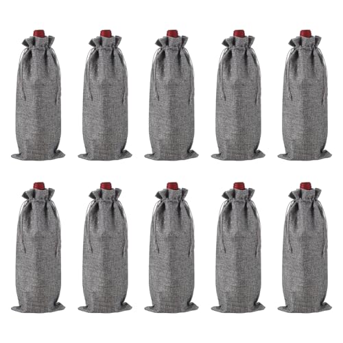 Sacs à vin en toile de jute gris avec cordons de serrage pour bouteilles | Lot de 10