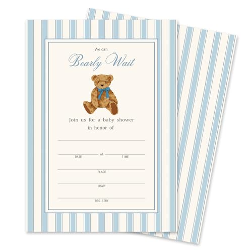 JarThenaAMCS 25 Pack Bear Party Invitations Invitation Paper Cards Blue Stripe Bear Blank Invites with Envelopes Stickers for Birthday Baby Shower Party Supplies