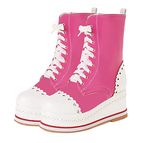 SHEMEE Women's Sweet Cute Platform Hidden Wedge Ankle Boots Lace Up High Heels Round Toe Booties Side Zip Kawaii Shoes