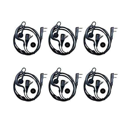 SHON Walkie Talkie Headset with Mic, Compatible Kenwood Baofeng and Retevis Radios 2 Pin G-Shaped Ear Hook for Police Law Enforcement (6 Set/Black)