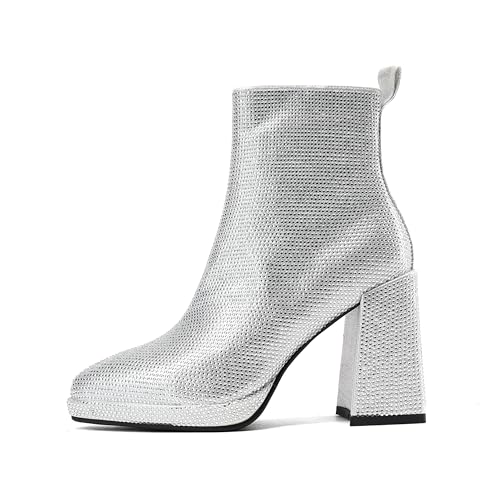 LUMUTA Women's Rhinestone Western Cowboy Boots Fashion Chunky Heel Pointed Toe Glitter Ankle Boots For Outdoor Party,Side Zipper Comfortable Rhinestone Short Boots